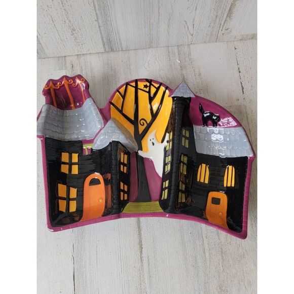 Ceramic haunted house tri serving dish Halloween ghost cat - Picture 1 of 8
